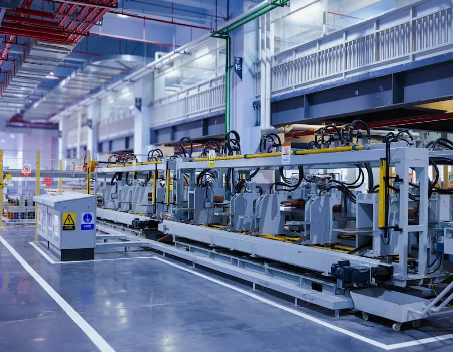 Linha de produção industrial com máquinas em operação